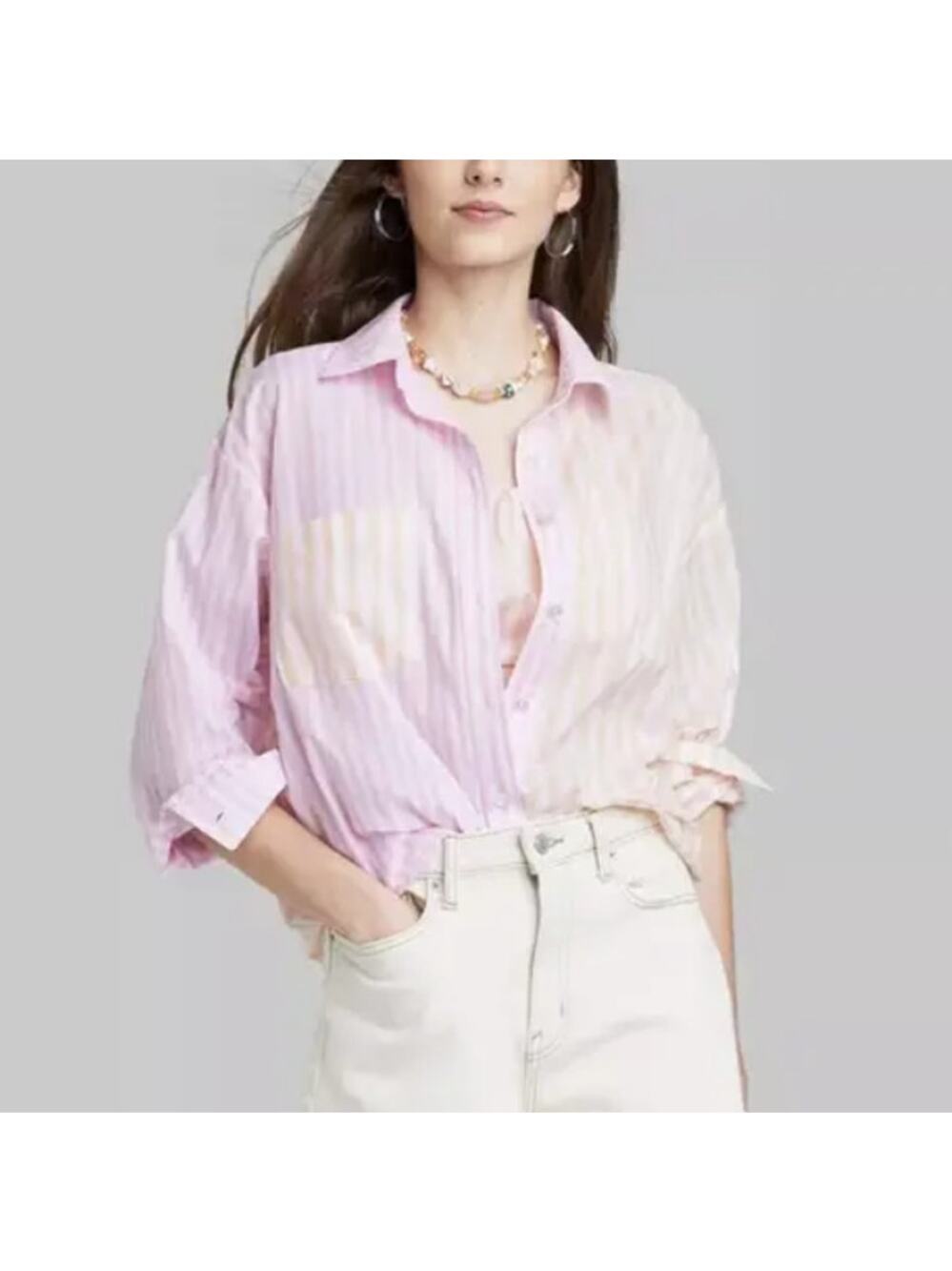 WILD FABLE Colorblock Striped Long Sleeve Button Up Shirt Yellow Pink Womens L